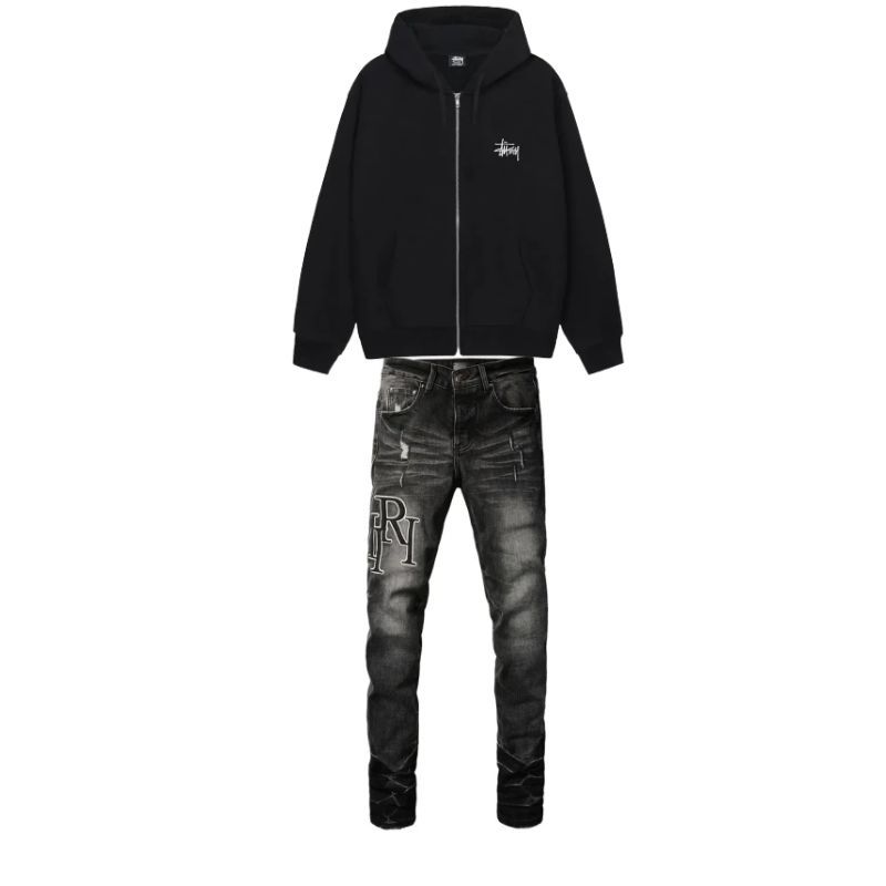 Stussy Basic Stussy Zip Hoodie Black+Amiri Jeans PK 8908