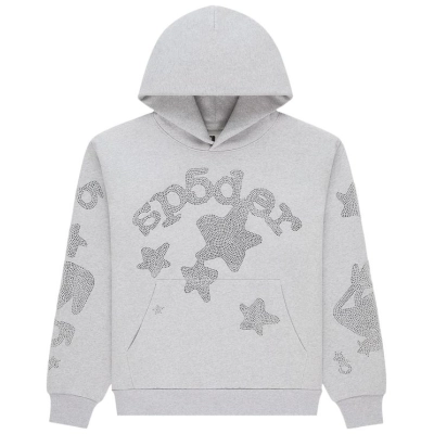 Sp5der Rhinestone Beluga Hoodie 'Heather Grey' 01