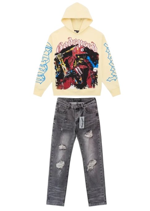 Godspeed Grand Slam Hoodie Bone+ Amiri Jeans PK 8805+Godspeed Casual Comfort Holes Straight Jeans #8211 Smoky Gray