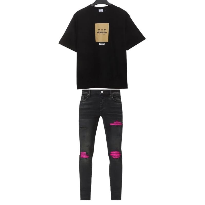 PK God Batch Burberry label patch short sleeves+Amiri Distressed MX1 Slim Fit Cracked Jean Black and Pink