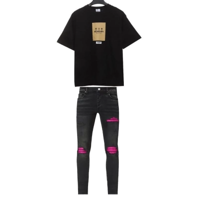 PK God Batch Burberry label patch short sleeves+Amiri Distressed MX1 Slim Fit Cracked Jean Black and Pink 01