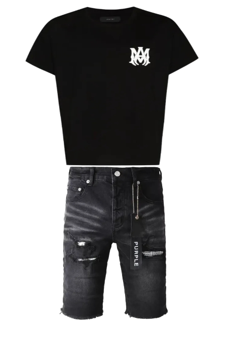 Amiri Core Logo Tee Black+Purple Brand Shorts Pants Patchwork Men's Crease Skinny Fit Black Jeans 5001