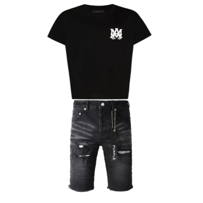 Amiri Core Logo Tee Black+Purple Brand Shorts Pants Patchwork Men's Crease Skinny Fit Black Jeans 5001 01