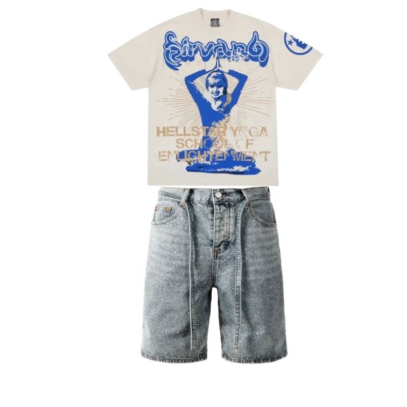 Hellstar Studios Yoga Cream Tee+Purple Brand Denim Shorts PK5001