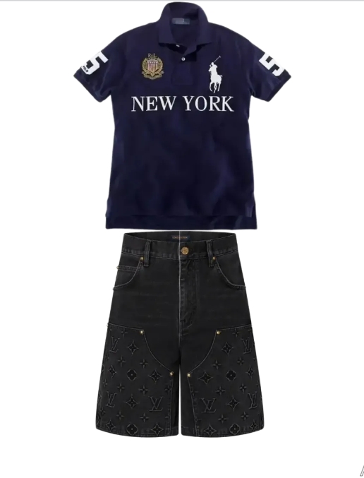 Ralph Lauren Custom Fit Big Pony City Polo New York YZ081603+Louis V* Monogram Workwear Denim Shorts Black