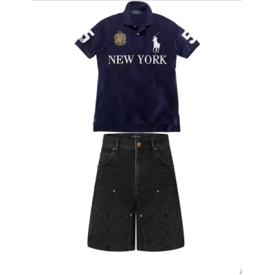 Ralph Lauren Custom Fit Big Pony City Polo New York YZ081603+Louis V* Monogram Workwear Denim Shorts Black 01