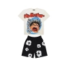Hellstar Studios Screaming T-shirt White + Denim Tears The Cotton Wreath Shorts Black