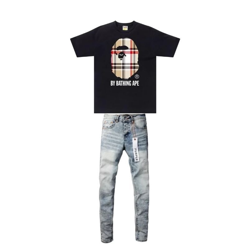 BAPE A Bathing Ape Check by Bathing Tee Black/Beige + Purple Brand Fashion Men Jeans YZ072421