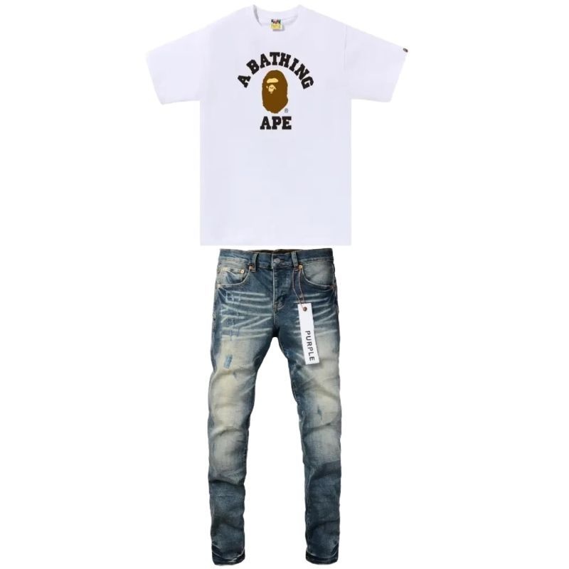 BAPE College Tee White+Purple Brand Fashion Men Jeans YZ072417