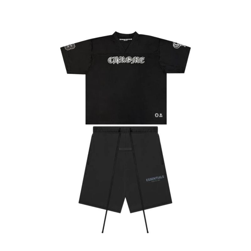 Chrome Hearts Mesh Stadium Football Jersey 'Black'+ Fear of God Essentials Shorts (SS21) Black/Stretch Limo