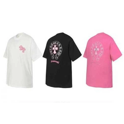Chrome Hearts Triple Cross Embroidered  T-Shirt Black/White/Pink 01