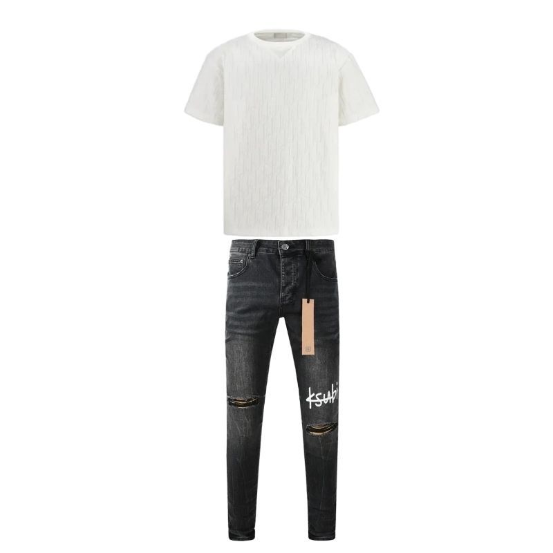 Dior Oblique Relaxed-Fit T-Shirt Off-White Terry Cotton Jacquard+Ksubi Jean #3050