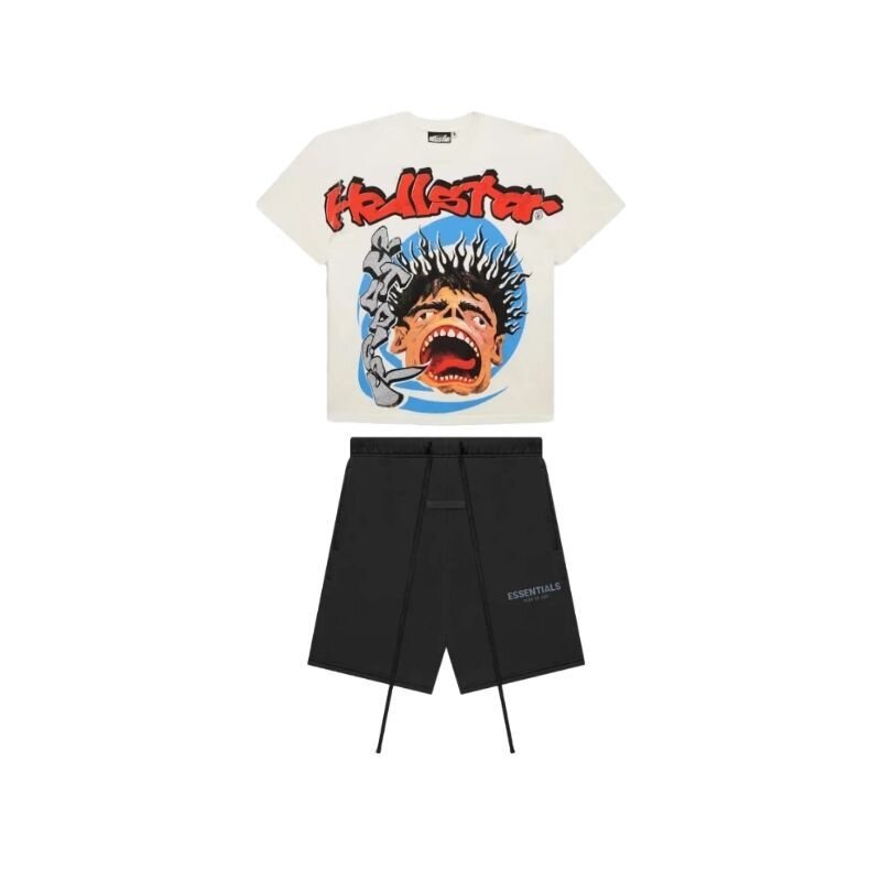 Hellstar Studios Screaming Kid T-shirt White + Fear of God Essentials Shorts (SS21) Black/Stretch Limo