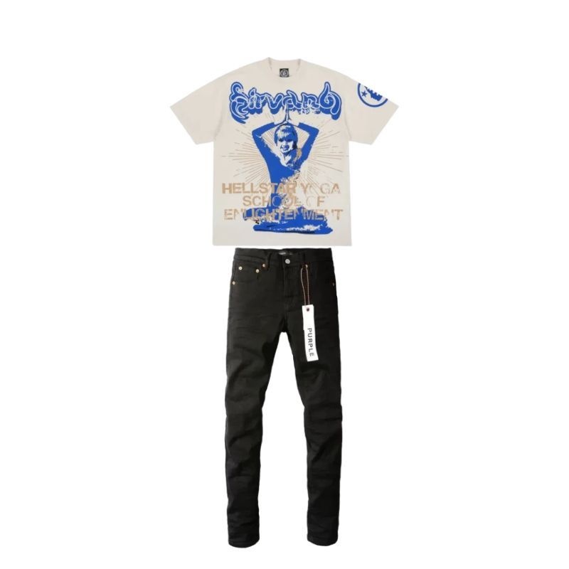 Hellstar Studios Yoga Cream Tee + Purple Brand Fashion Men Jeans 4