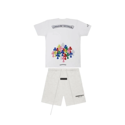 Chrome Hearts Multi Color Cross T-shirt Black+Fear of God Essentials Sweatshort (SS22) Light Oatmeal 01