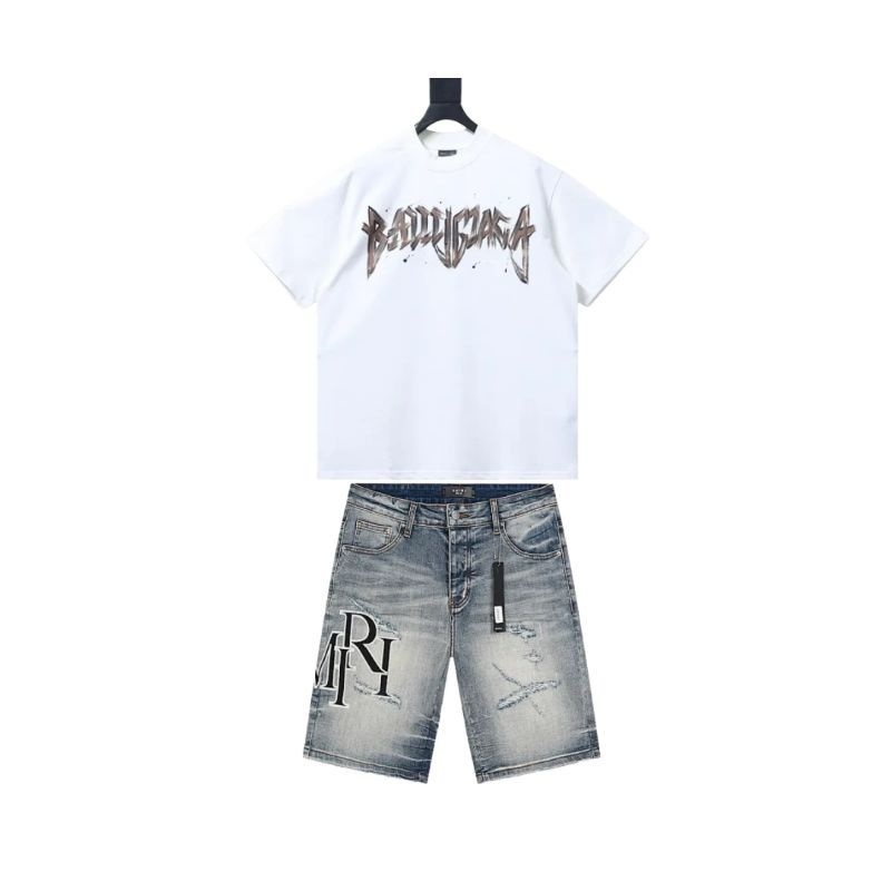 Balenciaga Heavy Matal Cotton T-shirt White+Amiri jean shorts-607#
