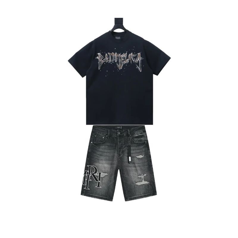Balenciaga Heavy Matal Cotton T-shirt Black+Amiri jean shorts-605#