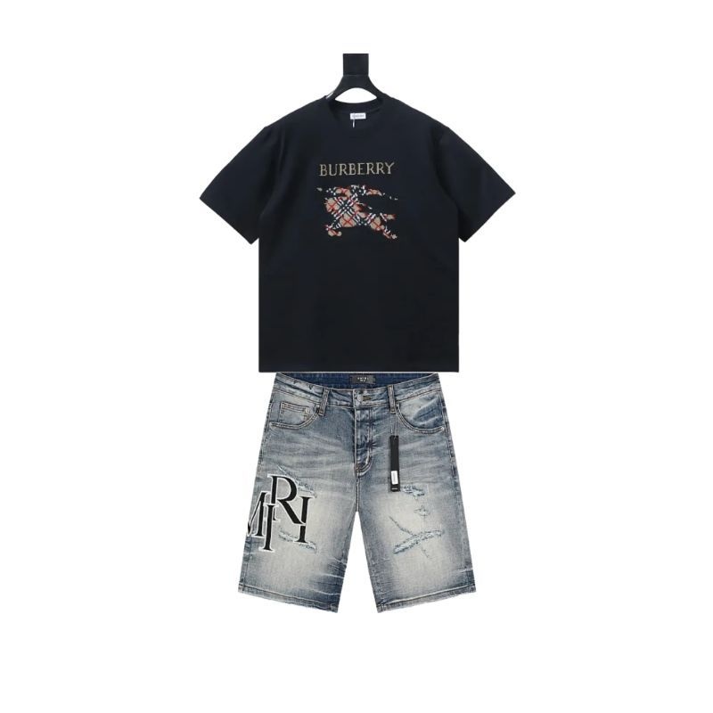 Burberry Cross Stitch EKD Cotton T-Shirt Black/White+Amiri jean shorts-607#