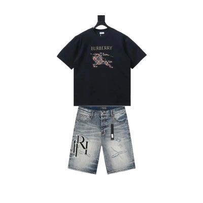 Burberry Cross Stitch EKD Cotton T-Shirt Black/White+Amiri jean shorts-607# 01
