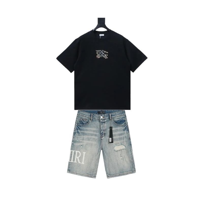 Burberry Equestrian Knight Design Check Cotton T-Shirt Black+Amiri jean shorts-608#