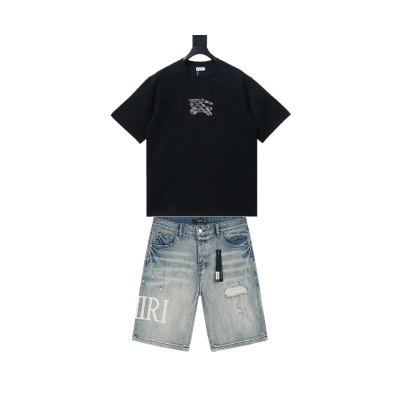 Burberry Equestrian Knight Design Check Cotton T-Shirt Black+Amiri jean shorts-608# 01