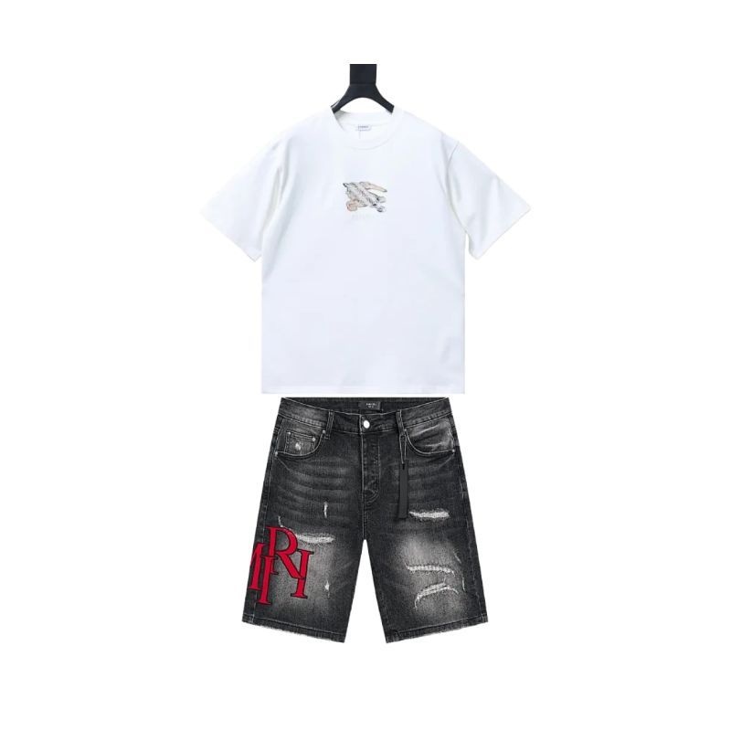 Burberry Equestrian Knight Design Check Cotton T-Shirt White+Amiri jean shorts-601#