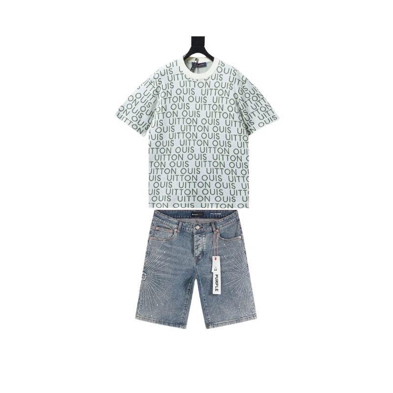 Louis Vuitton Jacquard Signature Knitted Short-Sleeved+Purple Brand Denim Shorts PK530
