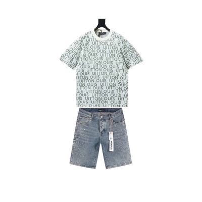 Louis Vuitton Jacquard Signature Knitted Short-Sleeved+Purple Brand Denim Shorts PK530 01