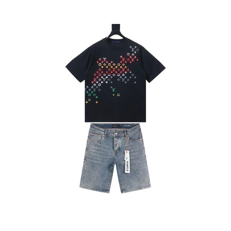 Louis Vuitton Monogram Flowersb Embro T-Shirt+Purple Brand Denim Shorts PK530