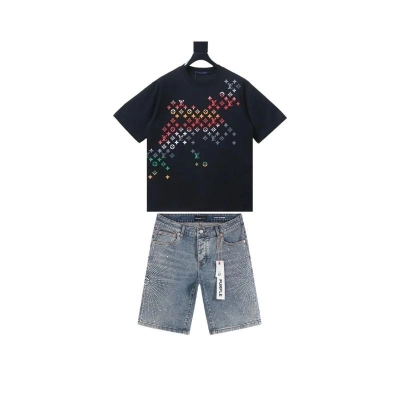 Louis Vuitton Monogram Flowersb Embro T-Shirt+Purple Brand Denim Shorts PK530 01