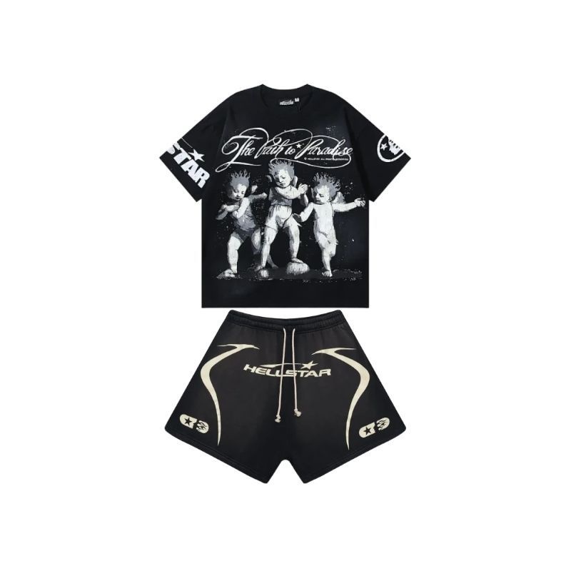 Hellstar T-Shirt-6715#+Hellstar Warm Up Shorts Black