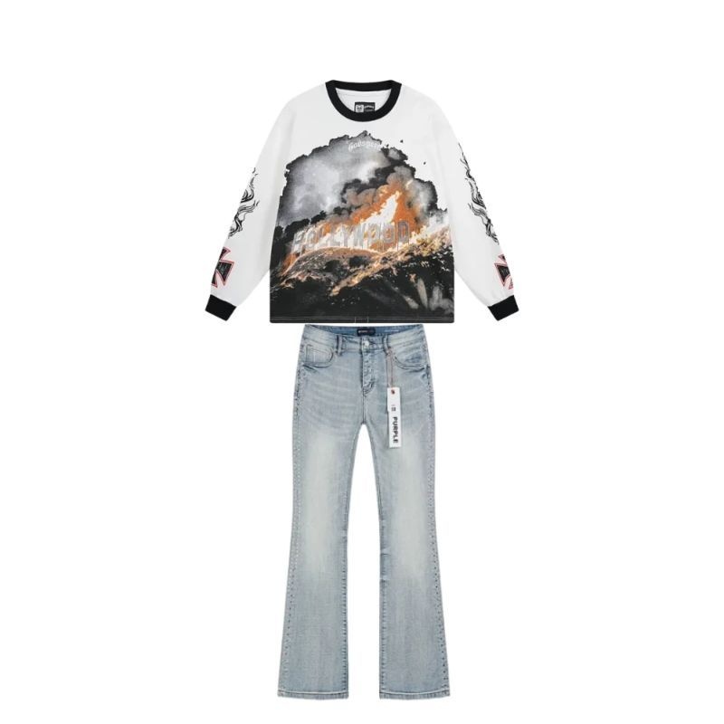 Godspeed Hollywood Thermal Long Sleeve T-shirt #3107 White/Apricot+Purple Brand Jeans -713#