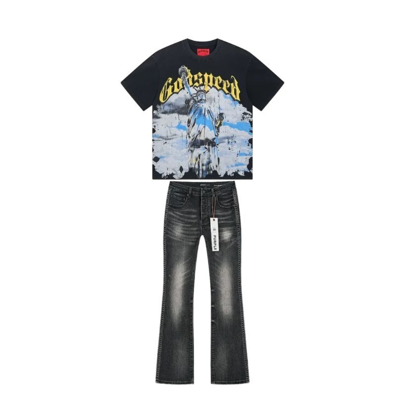 Godspeed Chrome Liberty T-Shirt #1015 Black Wash+Purple Brand Jeans -167#