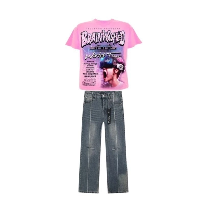 Hellstar Brainwashed World Tour T-Shirt Pink+Purple Brand Jeans -811# 01