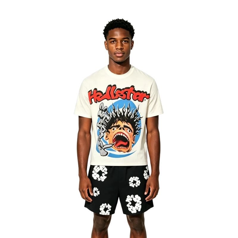 Hellstar Studios Screaming T-shirt White + Denim Tears The Cotton Wreath Shorts Black