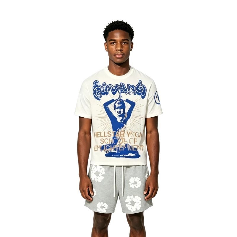 Hellstar Studios Yoga Cream Tee + Denim Tears The Cotton Wreath Shorts Grey