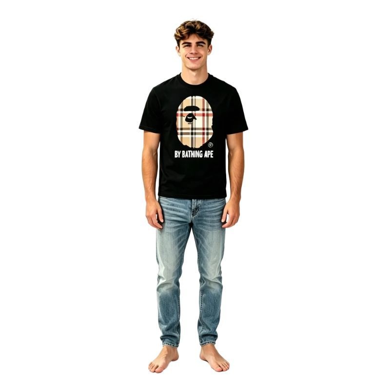 BAPE A Bathing Ape Check by Bathing Tee Black/Beige + Purple Brand Fashion Men Jeans YZ072421