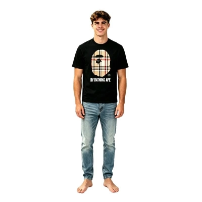 BAPE A Bathing Ape Check by Bathing Tee Black/Beige + Purple Brand Fashion Men Jeans YZ072421 01