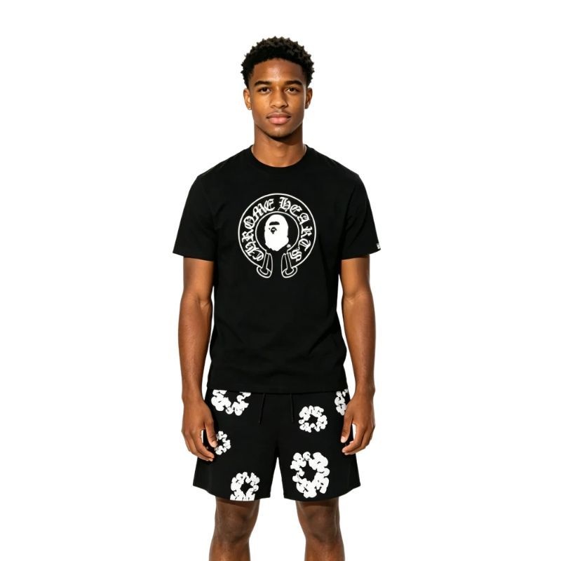 BAPE x Chrome Hearts Baby Milo T-shirt Black + Denim Tears The Cotton Wreath Shorts Black