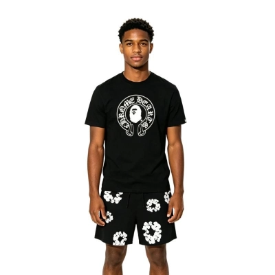 BAPE x Chrome Hearts Baby Milo T-shirt Black + Denim Tears The Cotton Wreath Shorts Black 01