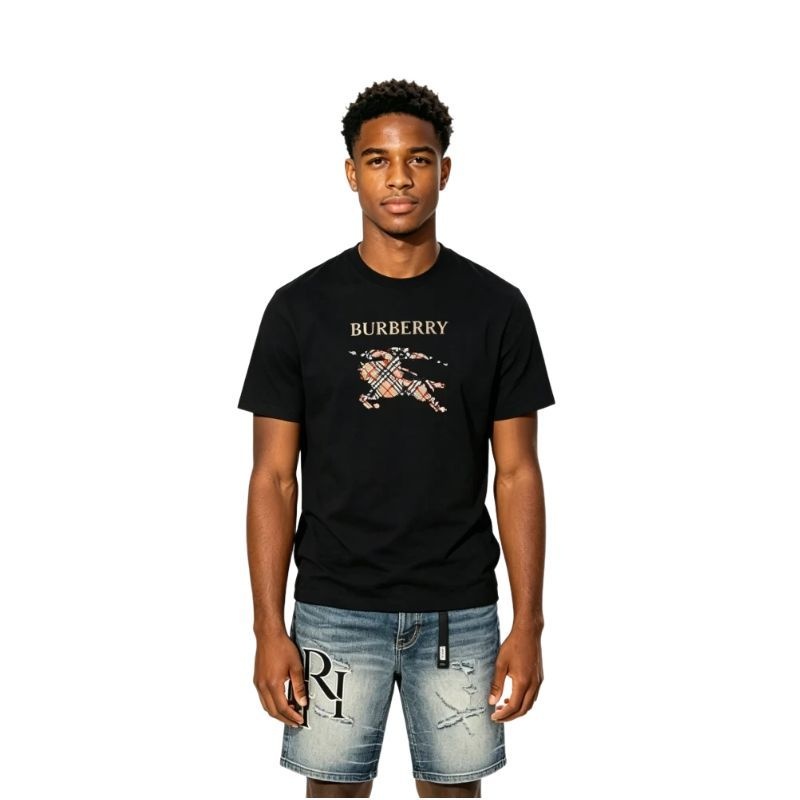 Burberry Cross Stitch EKD Cotton T-Shirt Black/White+Amiri jean shorts-607#