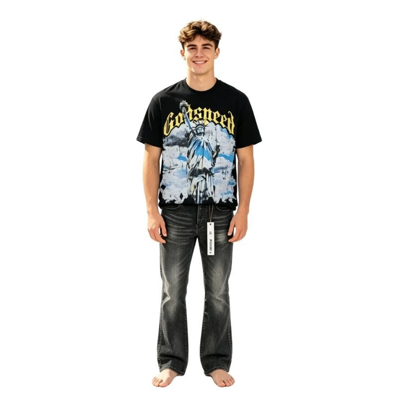 Godspeed Chrome Liberty T-Shirt #1015 Black Wash+Purple Brand Jeans -167#