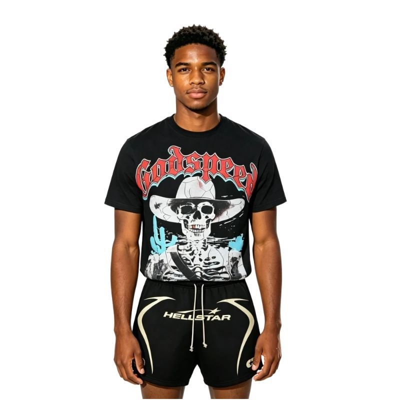 Godspeed T-Shirt-7023# + Hellstar Warm Up Shorts Black