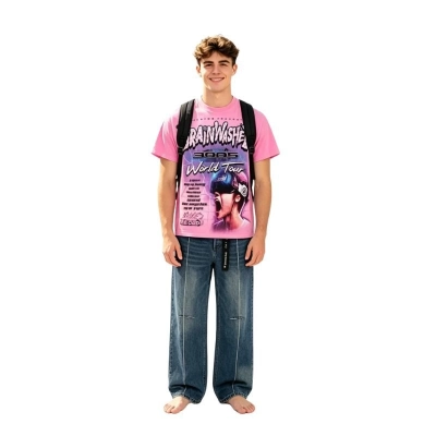 Hellstar Brainwashed World Tour T-Shirt Pink+Purple Brand Jeans -811# 01