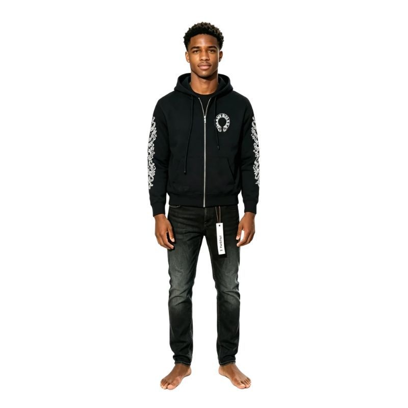 Chrome Hearts Horseshoe Floral Cross-Sleeve Zip Up Hoodie+Purple Brand Fashion Men Jeans 4