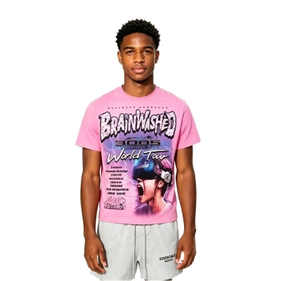 Hellstar Brainwashed World Tour T-Shirt Pink+Fear of God Essentials Shorts 01