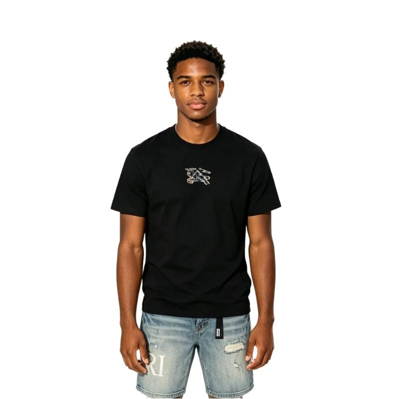 Burberry Equestrian Knight Design Check Cotton T-Shirt Black+Amiri jean shorts-608#