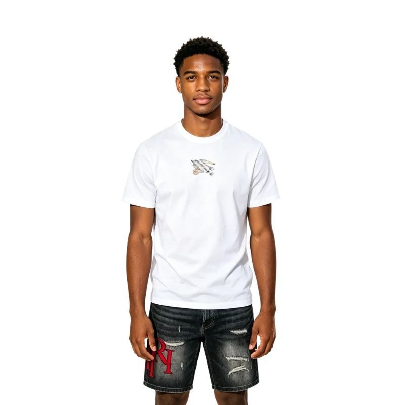 Burberry Equestrian Knight Design Check Cotton T-Shirt White+Amiri jean shorts-601#