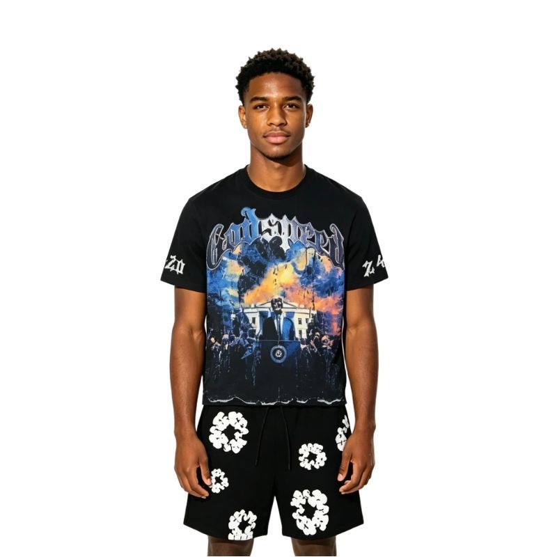 Godspeed V.O.D 2024 T-Shirt #1010 Black Wash+Denim Tears The Cotton Wreath Shorts Black