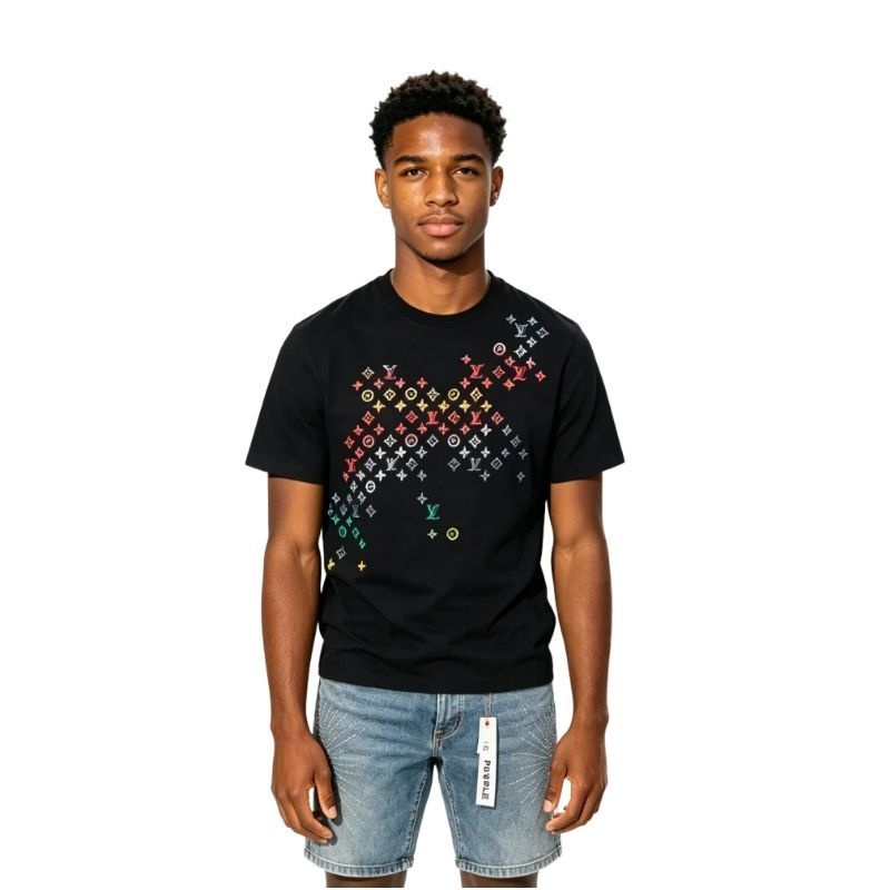 Louis Vuitton Monogram Flowersb Embro T-Shirt+Purple Brand Denim Shorts PK530